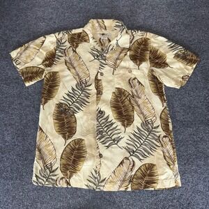 Joe Marlin Mens Medium Hawaiian Shirt Beige Rayon Tropical Leaf‎ Print Button Up